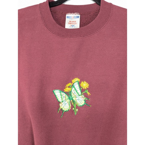 Jerzees Super Sweats Burgundy Embroidered Butterfly Crewneck Sweatshirt Mens M - Picture 4 of 7